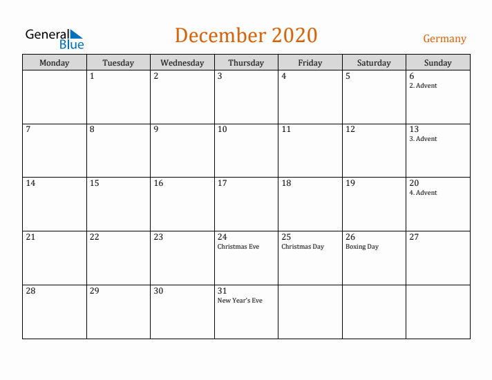 December 2020 Holiday Calendar with Monday Start