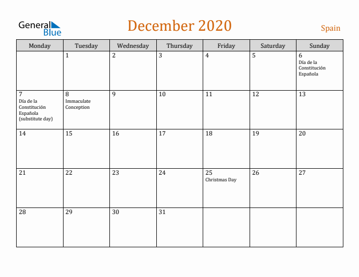 December 2020 Holiday Calendar with Monday Start