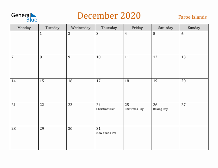 December 2020 Holiday Calendar with Monday Start