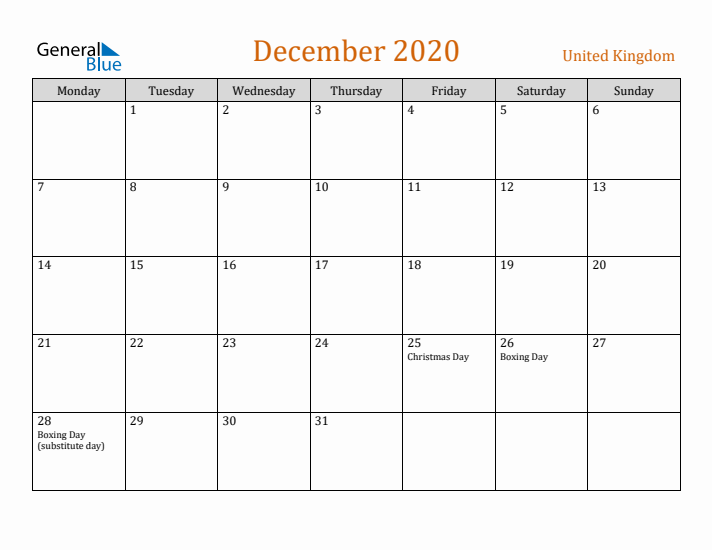 December 2020 Holiday Calendar with Monday Start