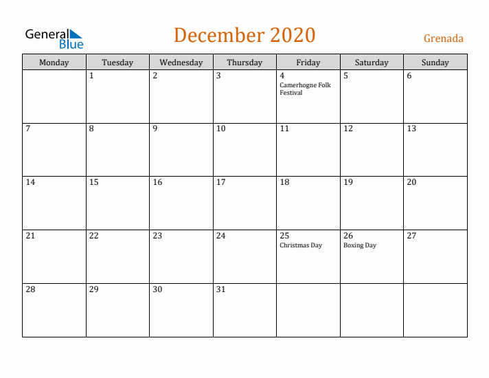 December 2020 Holiday Calendar with Monday Start