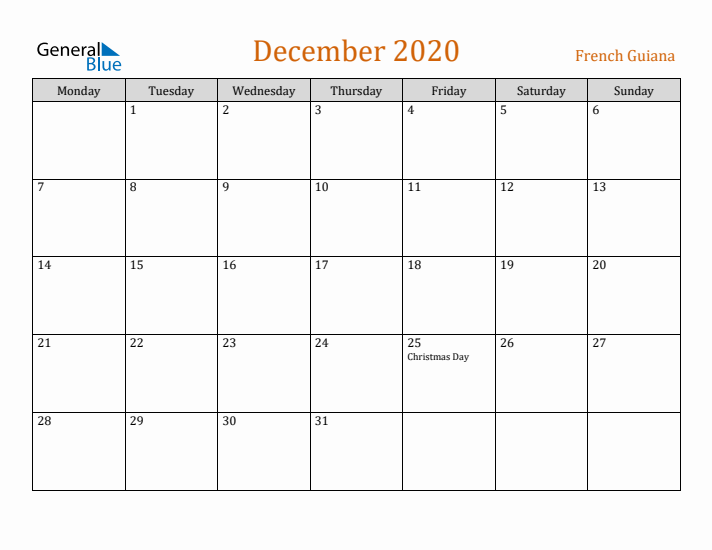 December 2020 Holiday Calendar with Monday Start