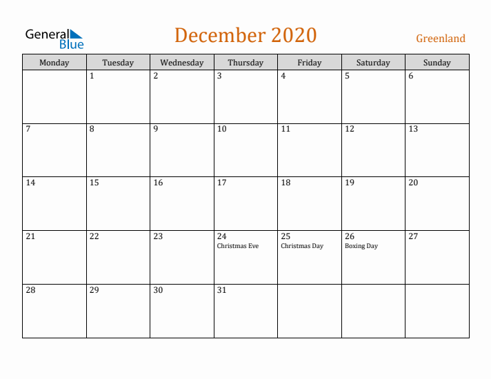 December 2020 Holiday Calendar with Monday Start