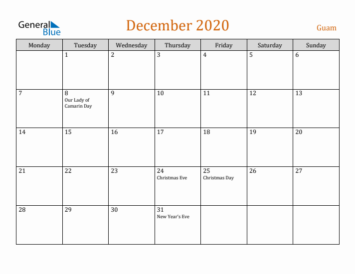 December 2020 Holiday Calendar with Monday Start