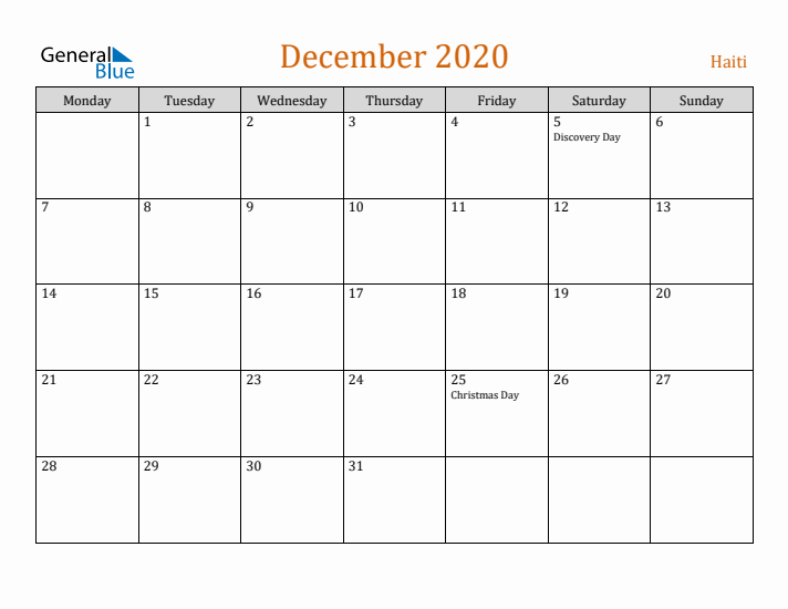 December 2020 Holiday Calendar with Monday Start