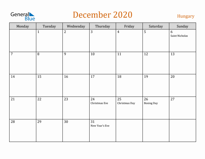 December 2020 Holiday Calendar with Monday Start