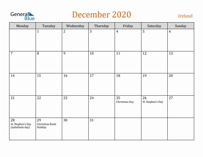 December 2020 Holiday Calendar with Monday Start