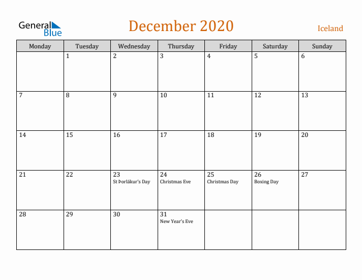 December 2020 Holiday Calendar with Monday Start