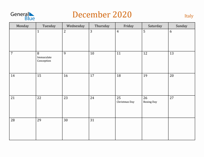 December 2020 Holiday Calendar with Monday Start