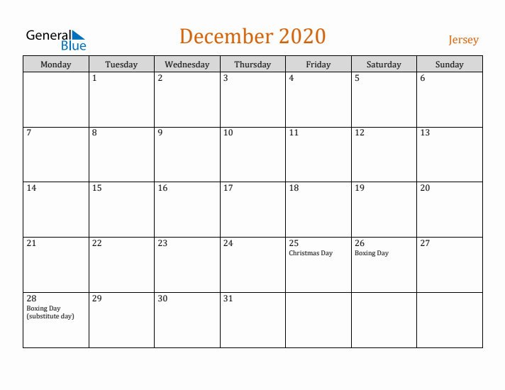 December 2020 Holiday Calendar with Monday Start