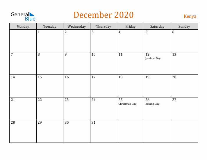 December 2020 Holiday Calendar with Monday Start