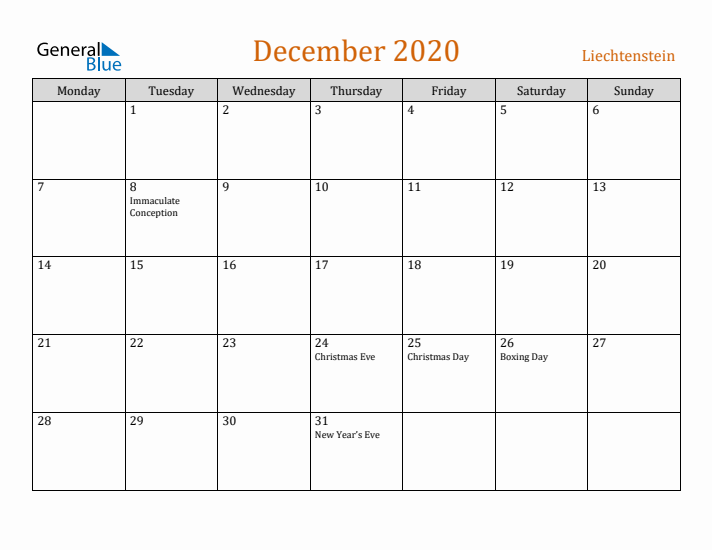 December 2020 Holiday Calendar with Monday Start