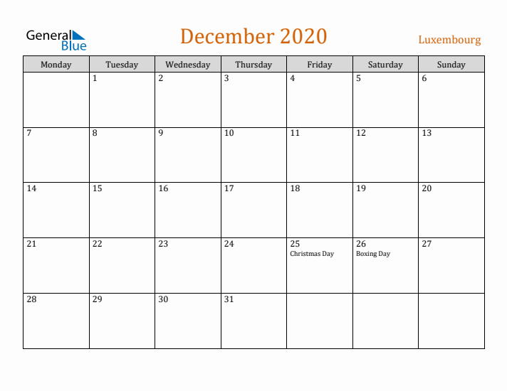 December 2020 Holiday Calendar with Monday Start