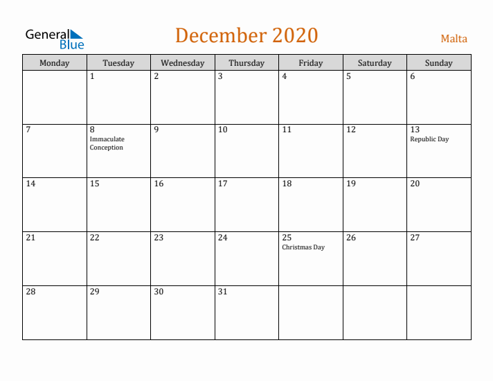 December 2020 Holiday Calendar with Monday Start