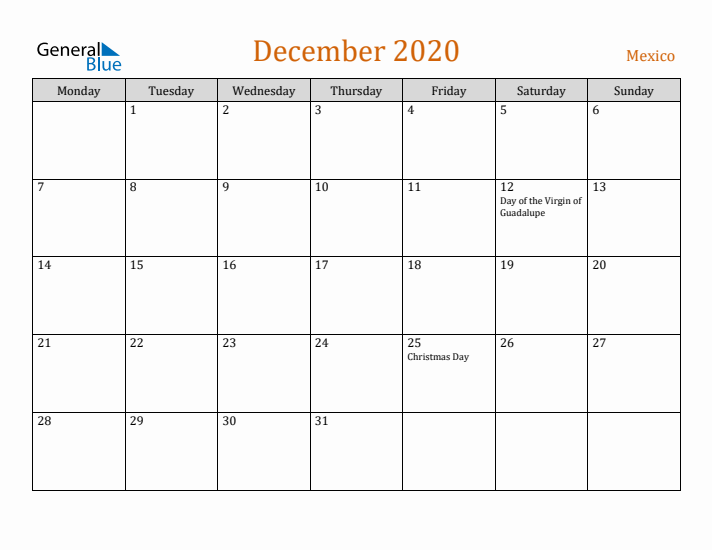 December 2020 Holiday Calendar with Monday Start