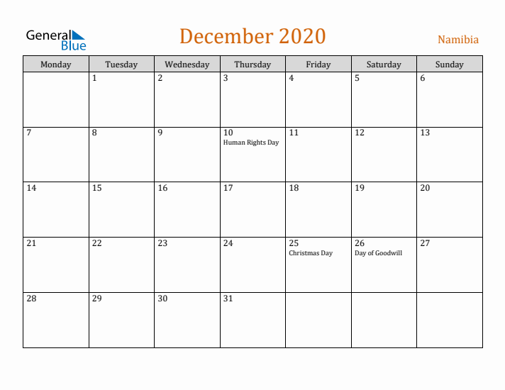 December 2020 Holiday Calendar with Monday Start