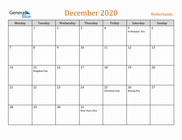 December 2020 Holiday Calendar with Monday Start