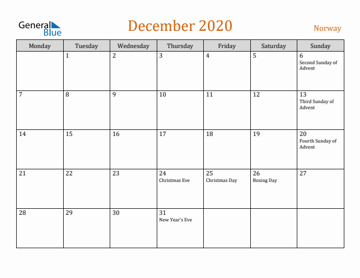 December 2020 Holiday Calendar with Monday Start