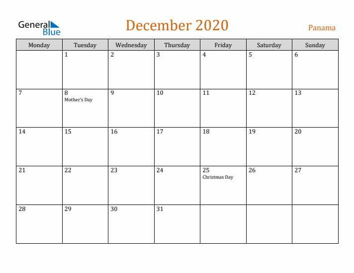 December 2020 Holiday Calendar with Monday Start