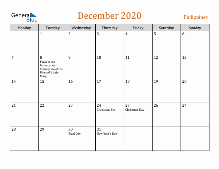 December 2020 Holiday Calendar with Monday Start