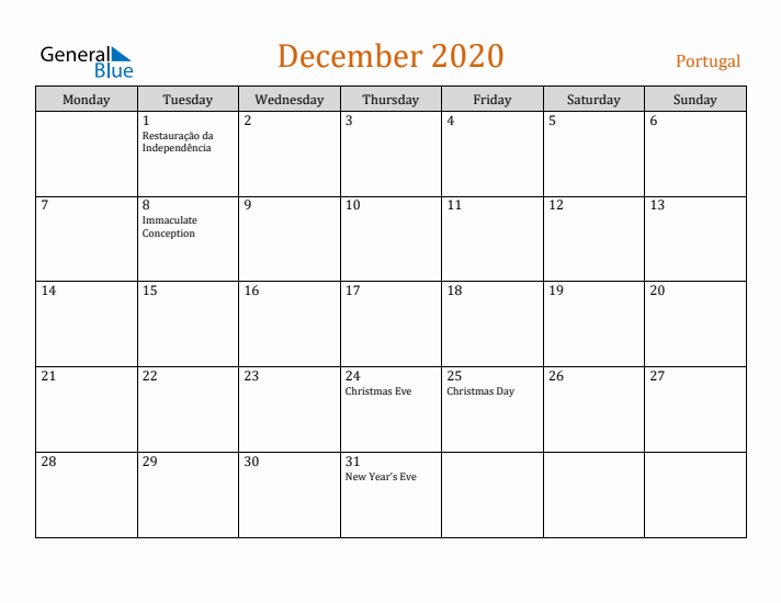 December 2020 Holiday Calendar with Monday Start