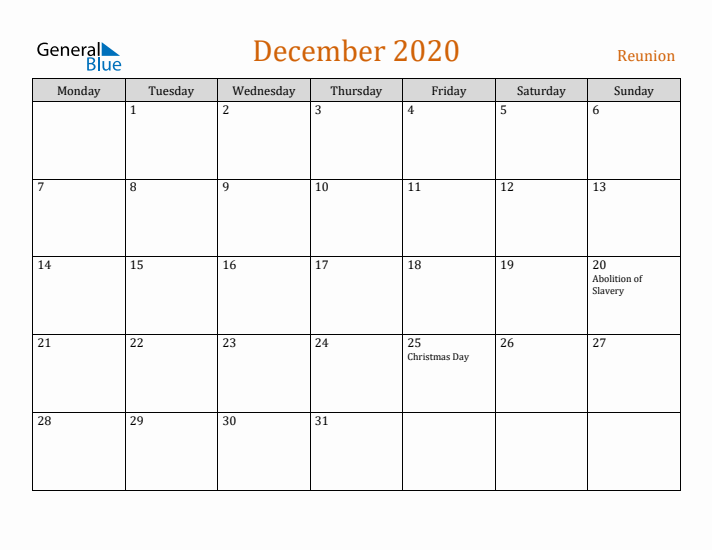 December 2020 Holiday Calendar with Monday Start