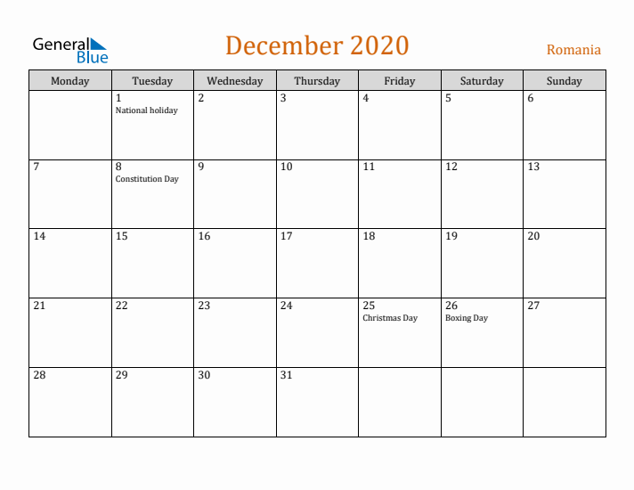 December 2020 Holiday Calendar with Monday Start