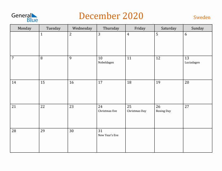 December 2020 Holiday Calendar with Monday Start