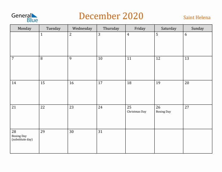 December 2020 Holiday Calendar with Monday Start