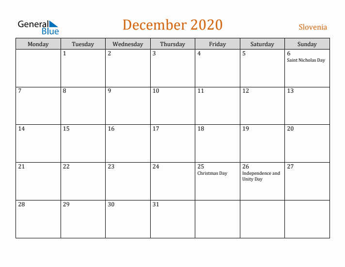 December 2020 Holiday Calendar with Monday Start