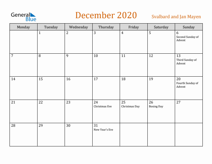 December 2020 Holiday Calendar with Monday Start