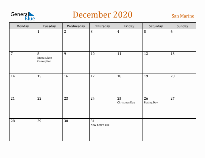 December 2020 Holiday Calendar with Monday Start