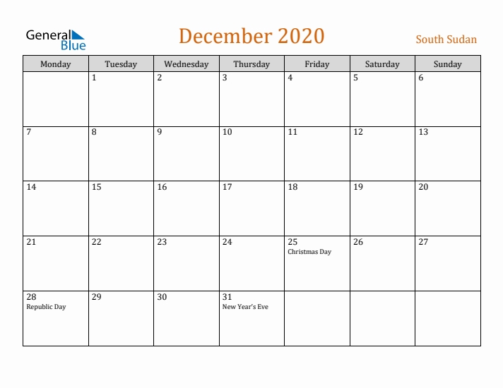 December 2020 Holiday Calendar with Monday Start