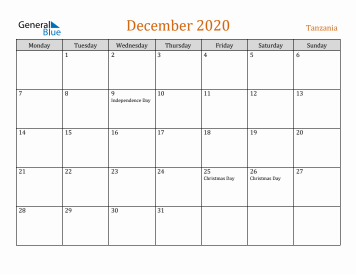 December 2020 Holiday Calendar with Monday Start