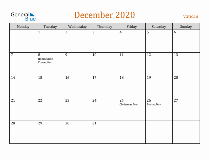 December 2020 Holiday Calendar with Monday Start