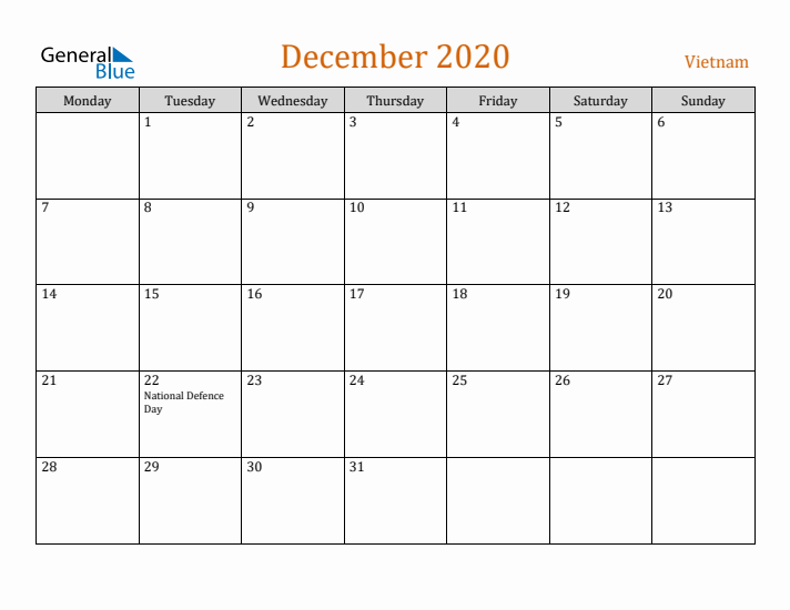 December 2020 Holiday Calendar with Monday Start