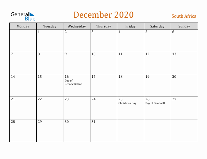 December 2020 Holiday Calendar with Monday Start