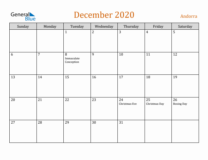 December 2020 Holiday Calendar with Sunday Start