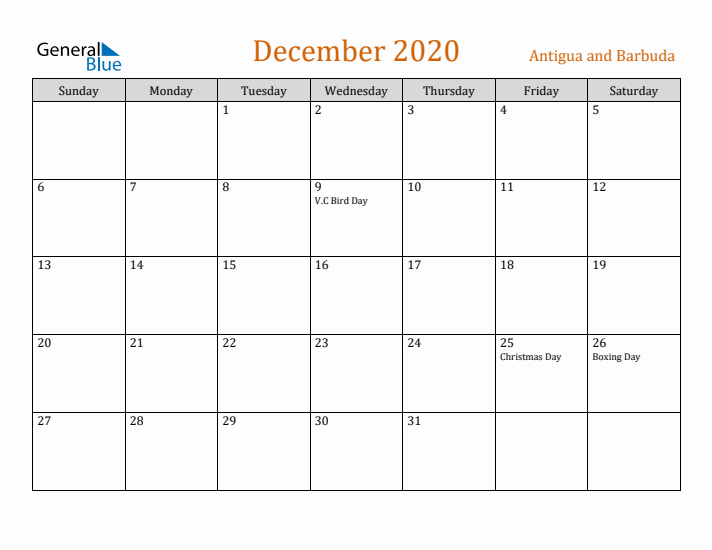 December 2020 Holiday Calendar with Sunday Start