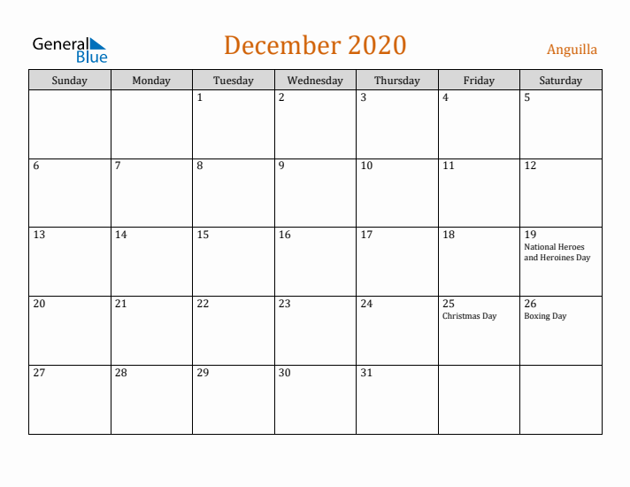 December 2020 Holiday Calendar with Sunday Start