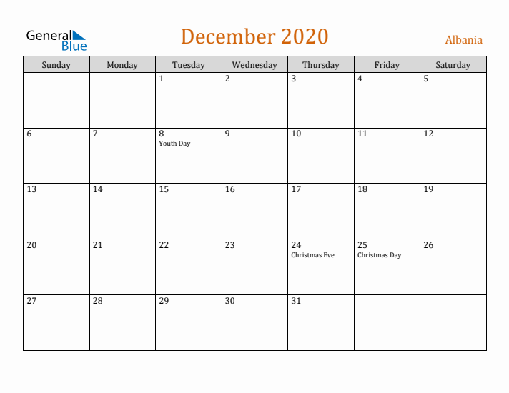 December 2020 Holiday Calendar with Sunday Start