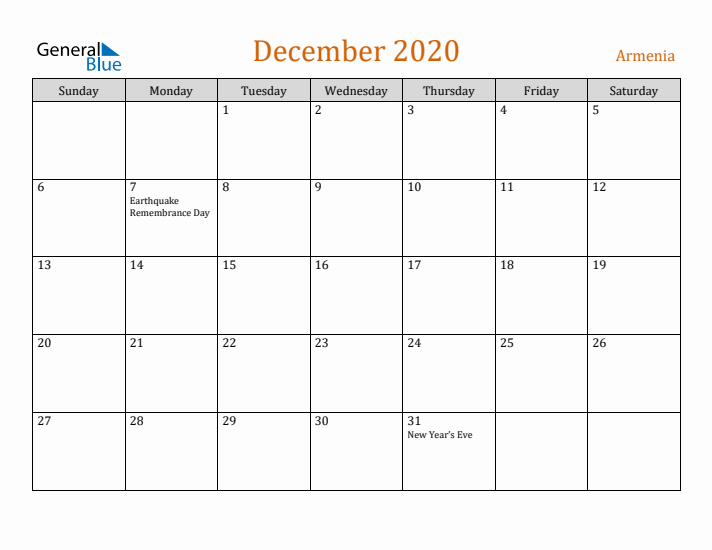 December 2020 Holiday Calendar with Sunday Start