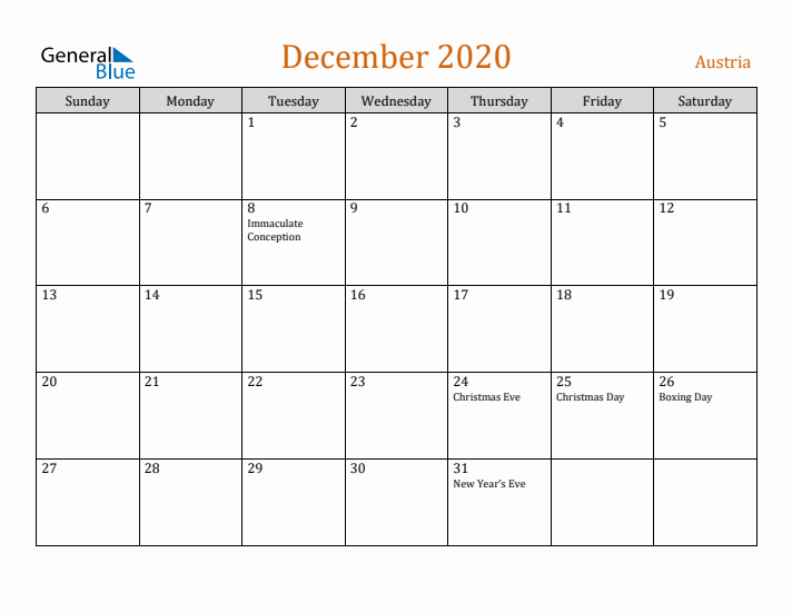 December 2020 Holiday Calendar with Sunday Start