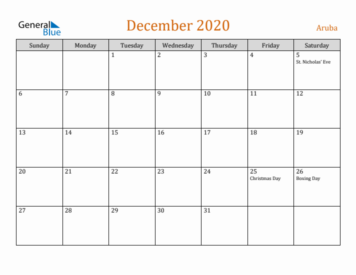 December 2020 Holiday Calendar with Sunday Start