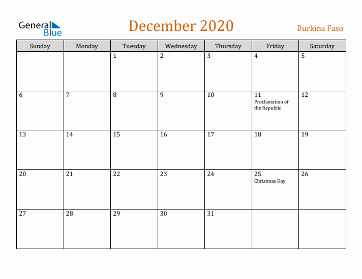 December 2020 Holiday Calendar with Sunday Start