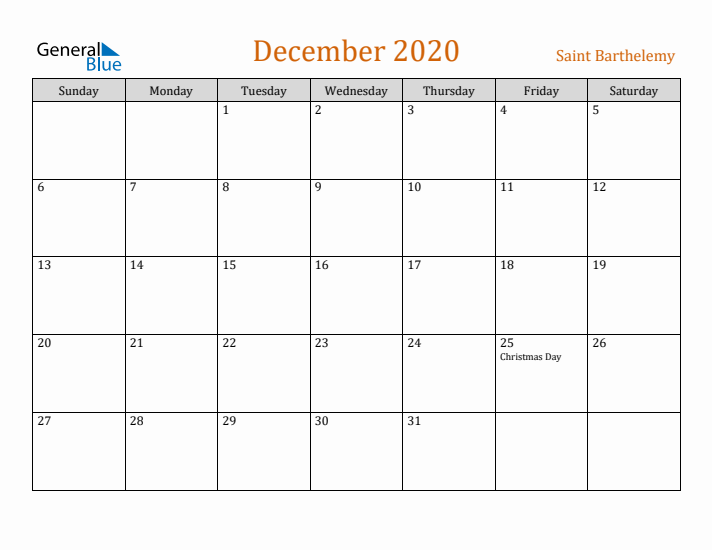 December 2020 Holiday Calendar with Sunday Start