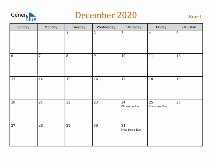 December 2020 Holiday Calendar with Sunday Start