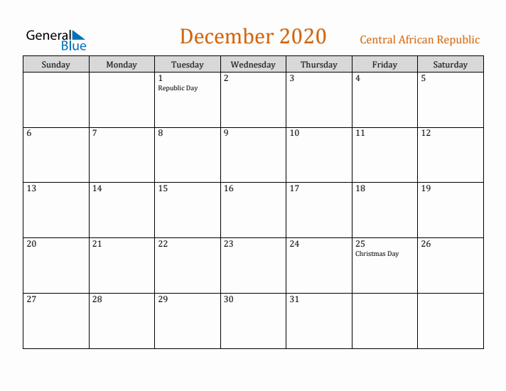 December 2020 Holiday Calendar with Sunday Start