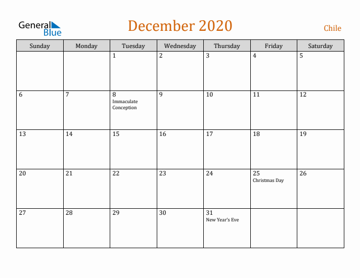 December 2020 Holiday Calendar with Sunday Start