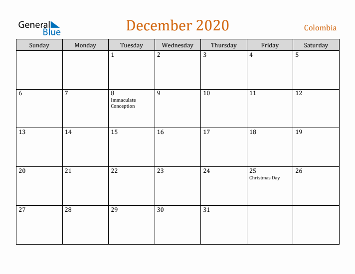 December 2020 Holiday Calendar with Sunday Start